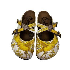 Calceo Floral Bird Yellow/Cream Cross Strap Comfort Clogs Women's Size 39/8.5